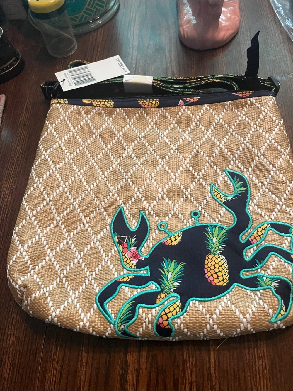 Tropical Crab Straw-Textured Crossbody Bag in Natural selling matching wristlet